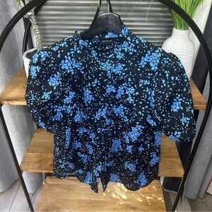 Puff Short Sleeve Black and Blue Printed Cotton Button-up Top women’s small
